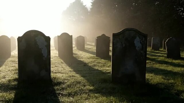 Rows of weathered, ancient tombstones casting long, dramatic shadows across a dew-kissed green cemetery field bathed in bright, ethereal morning sunlight.