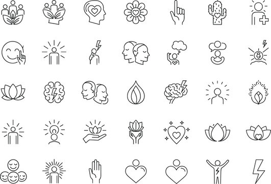 Mental health and emotional wellness outline icon set featuring mindfulness, psychology, self care, feelings, and inner balance symbols