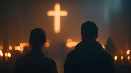 Back view of a man and a woman in prayer, silhouetted against a softly glowing cross and candlelight. Christian couple seeking solace during spiritual worship.