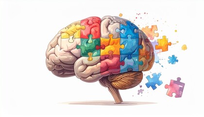 A colorful jigsaw puzzle forming a stylized human brain symbolizing cognitive diversity.