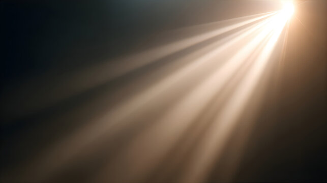 Bright sunbeam light ray shines down from top right corner on dark background, representing divine light and hope for religious concept