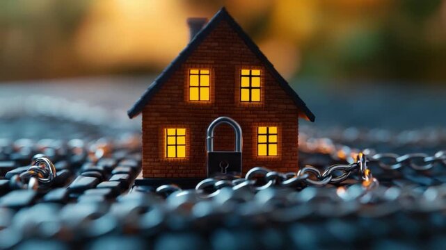 Secured Haven: A miniature wooden house, its windows glowing warmly, rests within a coil of sturdy chains, conveying a sense of security and protection.