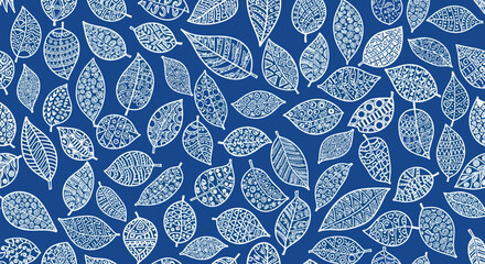 Seamless botanical pattern of white leaves with intricate doodle and zentangle designs covering a solid dark blue background.