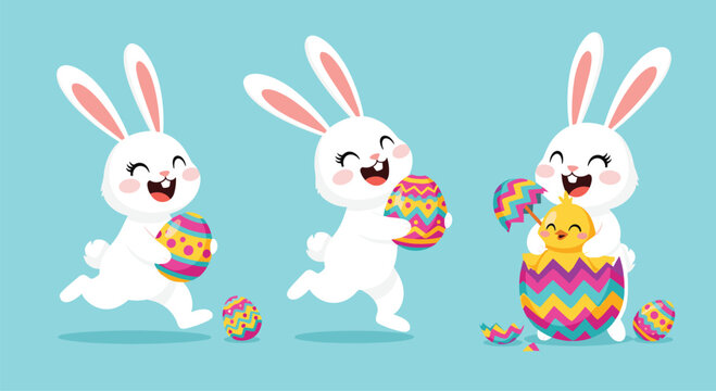 Three cute white bunnies celebrating Easter with colorful eggs and a newly hatched yellow chick in a cracked egg shell.