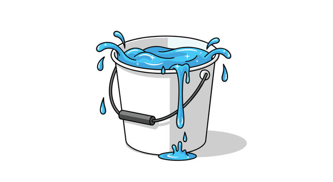 White bucket overflowing with splashing blue water showing liquid splashing over the edges isolated on a white background.