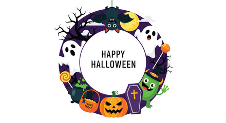 Decorative Halloween circular frame featuring ghosts, bats, a pumpkin, and a green monster with the text Happy Halloween.