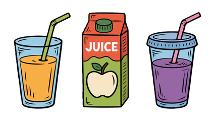 Refreshing Beverages: A trio of delightful beverages, from an apple juice box to a fruity juice in clear cups, invites you to quench your thirst and invigorate your senses. 