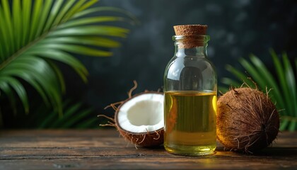 Glass bottle filled with golden coconut oil rests on rustic wood. Nearby, a halved coconut and green palm leaves hint at tropical origins for this natural cosmetic or food ingredient.