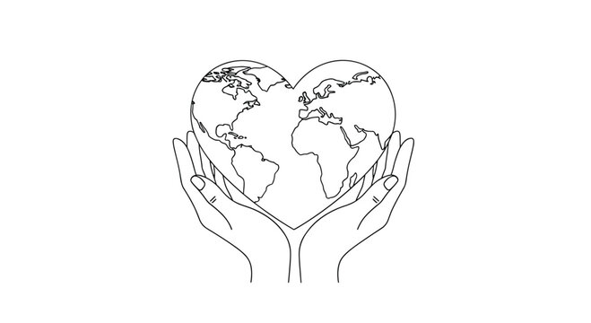 Elegant black and white line art illustration of human hands holding a heart-shaped earth globe on a plain white background.