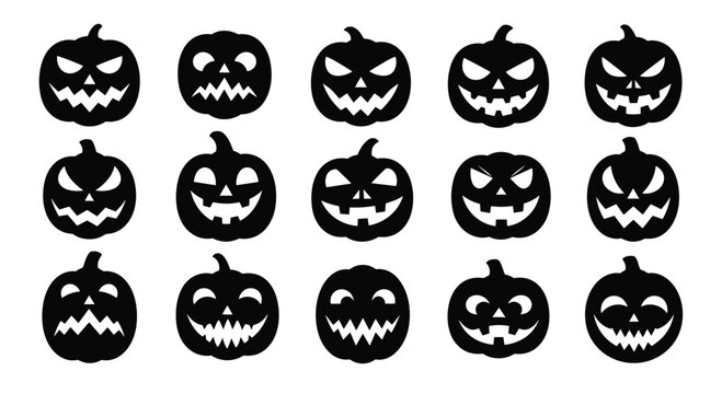 Large grid of fifteen black silhouette jack-o-lantern pumpkin faces with various spooky, funny, and scary expressions for Halloween.
