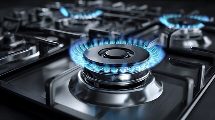 Closeup of Blue Gas Flame on Modern Stove Burner.