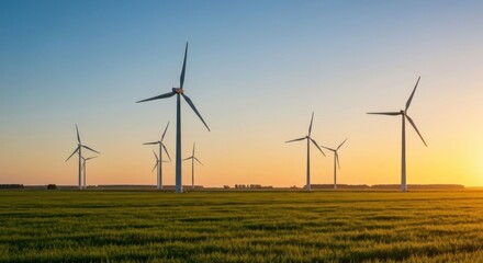 Windmills stand in a grassy field at sunset