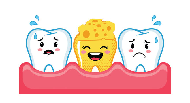 Two sad white teeth next to a happy yellow tooth wearing a piece of cheese representing tooth decay or health.