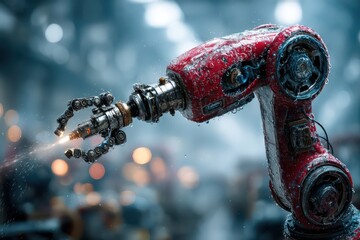 Red industrial robotic arm working with sparks and water in factory