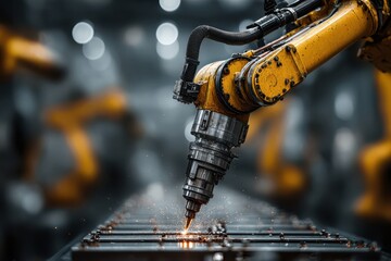 Industrial robotic arm welding sparks in a modern factory