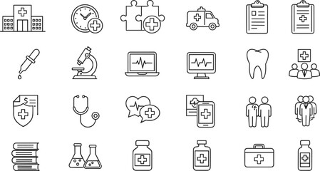 Fototapeta premium Medical healthcare and hospital outline icon set featuring diagnosis, treatment, emergency services, patient care, and clinical equipment