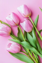 Fototapeta premium Spring flowers on pastel background create a bouquet of pink tulips suitable for celebrations like Valentine's Day, Easter, and Mother's Day
