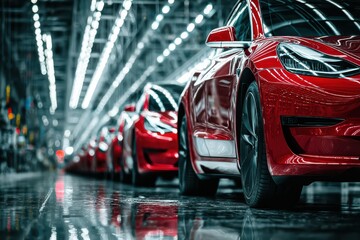 Modern Red Electric Cars on Assembly Line with Reflections