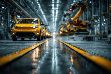 Modern Automated Car Manufacturing Factory Assembly Line with Yellow Vehicles and Robotic Arms