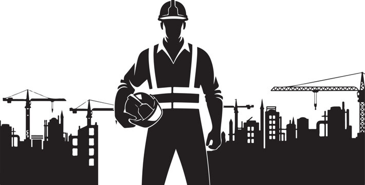 Construction Worker Silhouette with City Skyline

Industrial Engineer and Factory Silhouette Vector

Builder Worker Safety Helmet Black Illustration