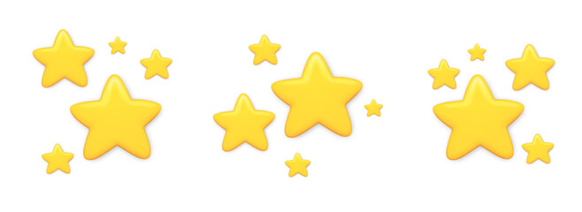 Set of glossy yellow 3D stars in different sizes, floating composition isolated on white background. Cute decorative elements for children design, rewards, banners, posters and creative projects.