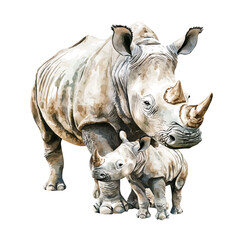 Obraz premium Mother Rhinoceros With Her Kid, beautiful watercolor illustration with vivid colors and detailed vector style, isolated on a white background.