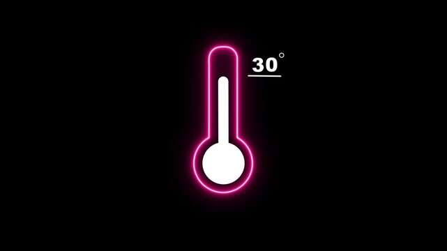 Neon Medical thermometer icon animation. Thats indicates weather temperature 30 degree increse or decline. Thermometer equipment showing hot or cold weather. Alpha channel