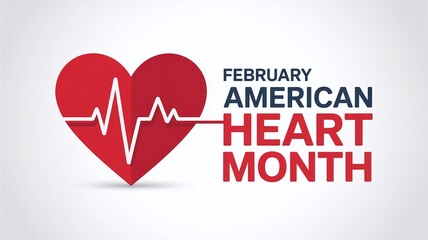 February Is American Heart Month Healthcare Graphic With Red Heart and Heartbeat Pulse Line For Cardiology Medical Charity And Hospital Marketing