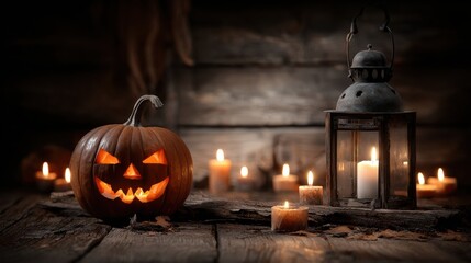 Spooky Halloween Jack-o'-lantern with Candles and Lantern