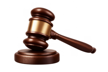 Gavel and block, crafted from dark wood with golden accents, symbolizing law, justice, and authority. Transparent background