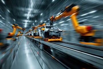 Automotive factory assembly line with robotic arms and car bodies