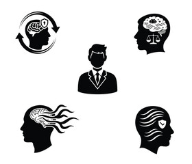Collection of five silhouette icons representing business, technology, and abstract concepts.