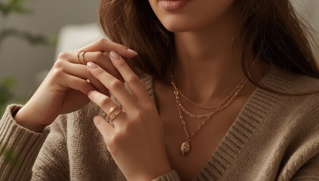 Fashion detail shot highlighting gold jewelry minimal makeup and refined elegance