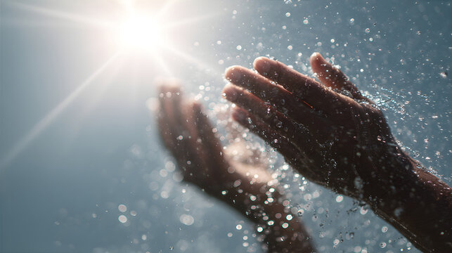 Woman cupping hands under falling water, symbolizing blessing and purity. Concept for baptism, prayer week, or spiritual renewal.