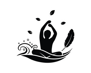 Black silhouette of a person in a yoga pose with a feather and falling leaves, conveying tranquility and peace.