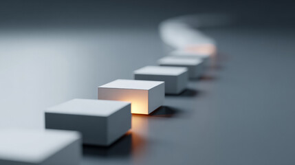 Row of white rectangular blocks on a smooth surface with one block illuminated from within creating a glowing effect
