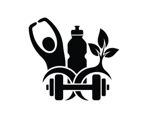Black silhouette of a person exercising with gym equipment, water bottle, and plant, emphasizing health and wellness.
