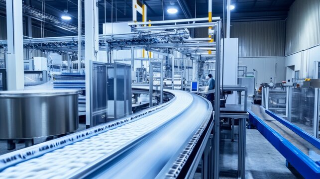 Modern food processing facility operates automated conveyor system during daytime hours for efficient production and handling