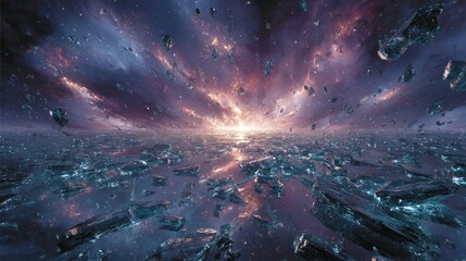 Dreamy celestial landscape with shattered surface and vibrant sunrise