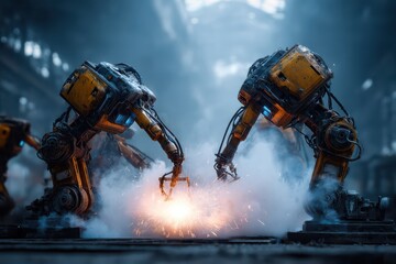 Industrial robotic arms welding in factory, sparks and smoke