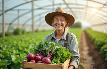 Mature woman farmer smiles holding crate of fresh beets and greens in sunny greenhouse. She works in sustainable farm growing organic vegetables for healthy food market.