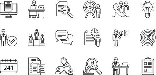 Business workflow and project management outline icon set featuring analysis, communication, leadership, planning, and performance tracking
