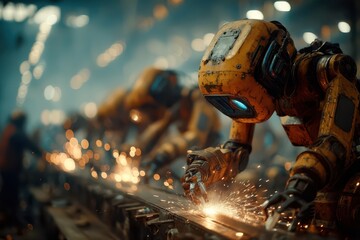Industrial robot arm welding in a factory creating sparks