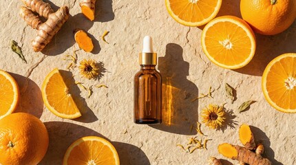 Natural skincare serum bottle with orange and turmeric flat lay