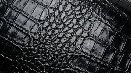 Closeup of Glossy Black Crocodile Leather Texture Showcasing Elegant Patterns and Rich Surface Details