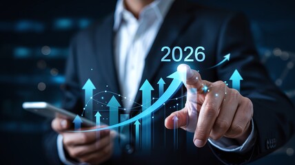 Businessman Pointing At Futuristic 2026 Digital Growth Chart With Upward Arrows For Global Financial Forecasting And Corporate Success Marketing Ads