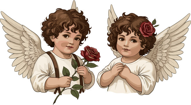 Two vintage Victorian style cherub angels with curly brown hair and white wings holding a red rose for Valentine's Day