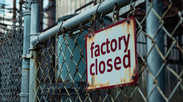 A rusted sign on a chain-link fence reads 'factory closed'. The background shows industrial buildings and machinery, indicating an abandoned site.