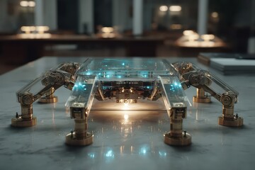 Futuristic transparent robot with glowing blue lights on marble table