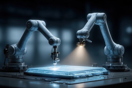Futuristic robotic arms working on glowing holographic display with sparks - Powered by Adobe